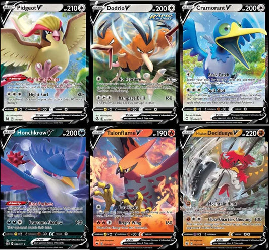 Pokemon V - 6 Card Lot - Flying Types - Talonflame - Pidgeot - Cramorant Decidueye -137/196-029/185 - Bird Pokemon Card Set